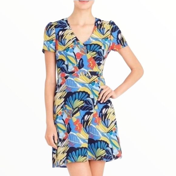 J. Crew Blue Floral Tropical Paradise Floral Short Sleeve Faux Wrap Dress sz 10 - Picture 2 of 15